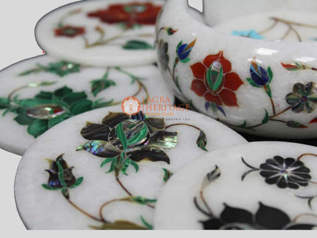 Multi Inlay Floral Design Marble Round Coasters